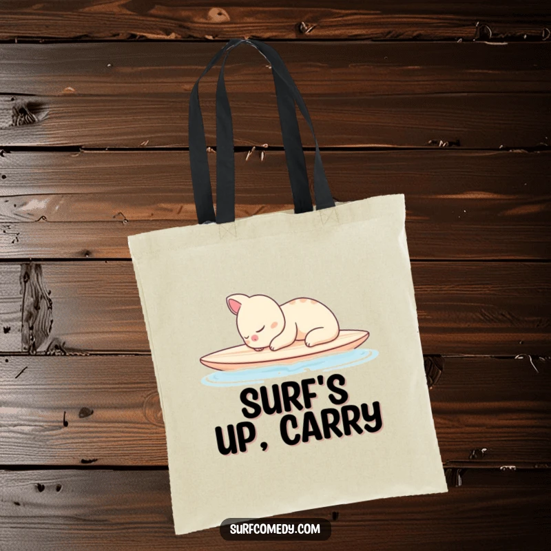 Funny tote bag with a sleepy animal character peacefully napping on a surfboard in calm water, perfect for relaxed outings.