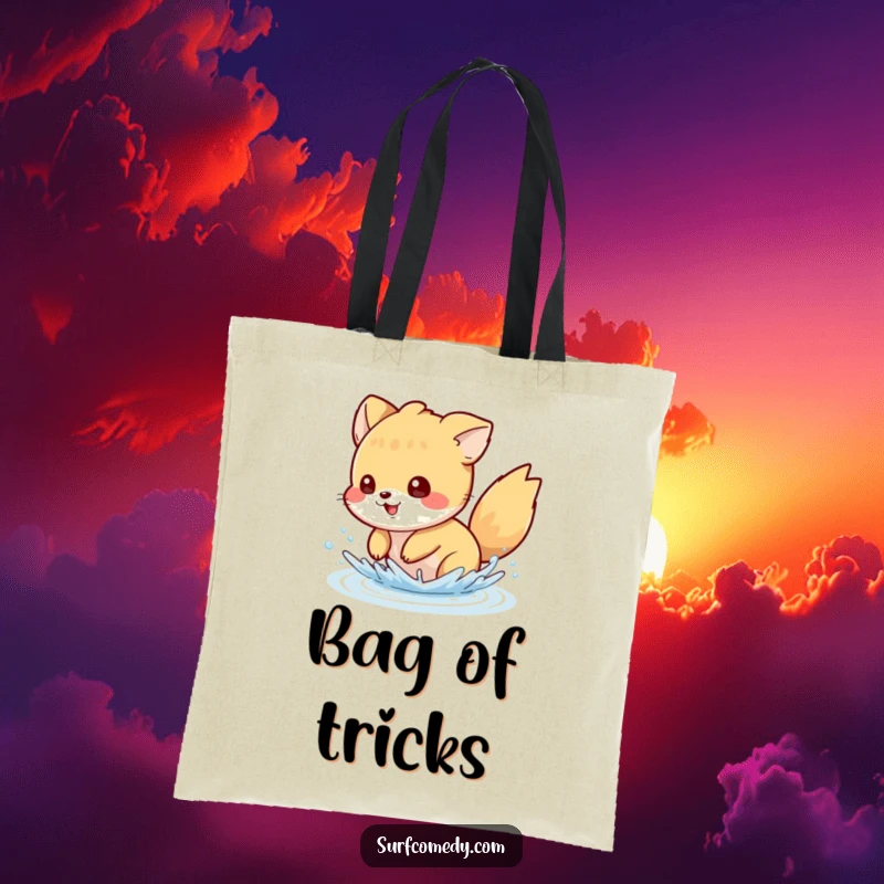 Funny tote bag featuring a mischievous animal character playfully splashing water with its tail, adding fun to any task.