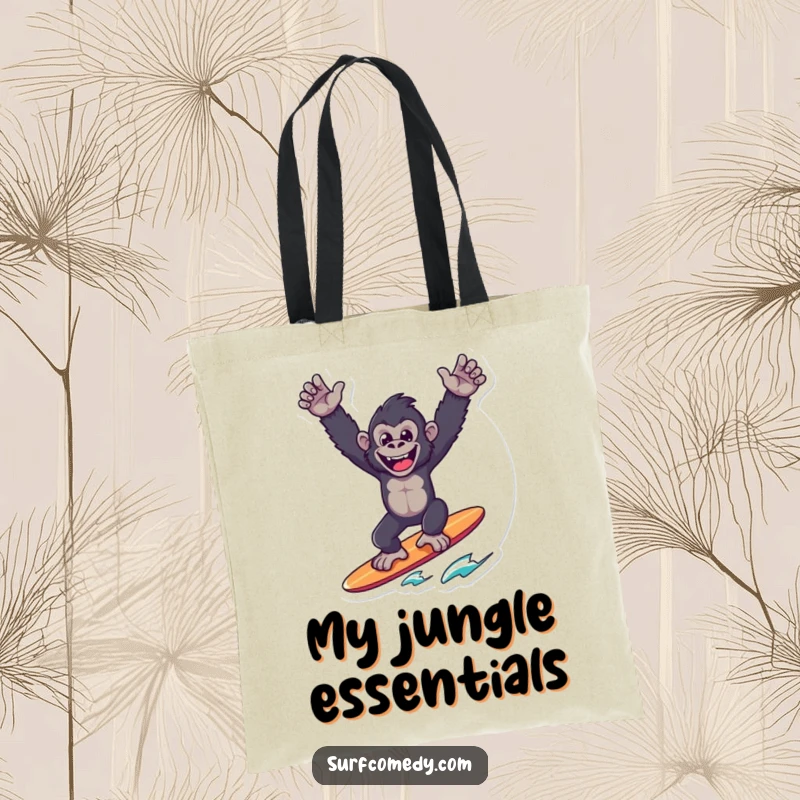 Funny Gorilla Surfer Tote Bag: A joyful gorilla balances on a surfboard in victory, ready to carry your items with humor.