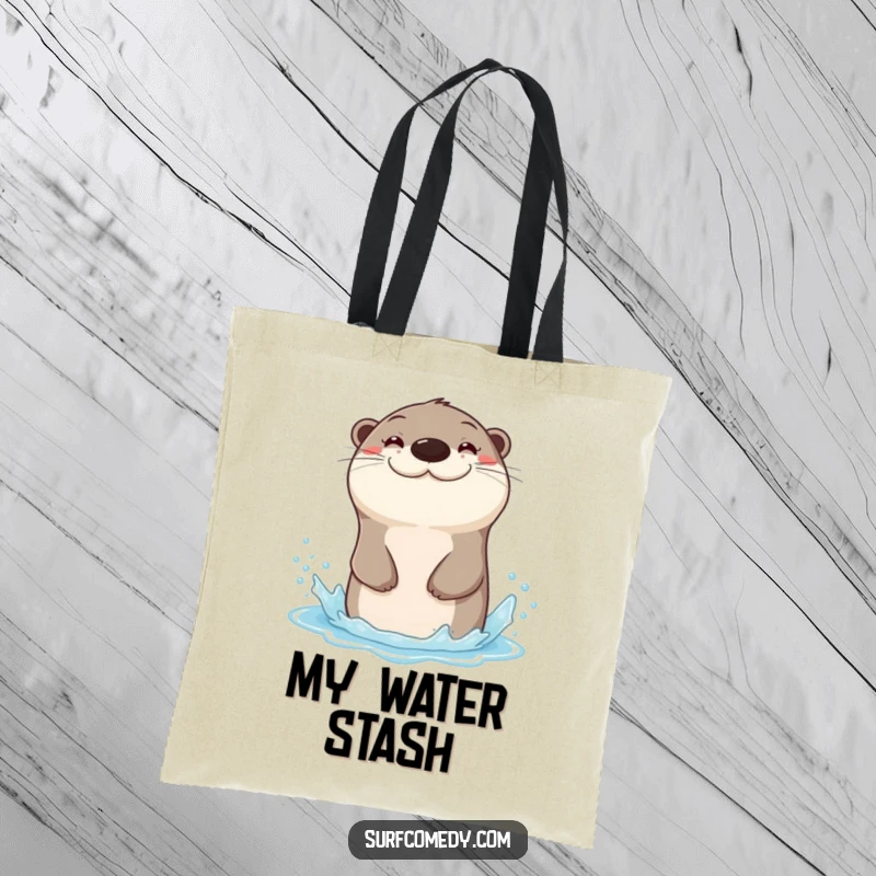 Funny sea otter sliding down a water spray with a wide grin, printed on a durable tote bag.