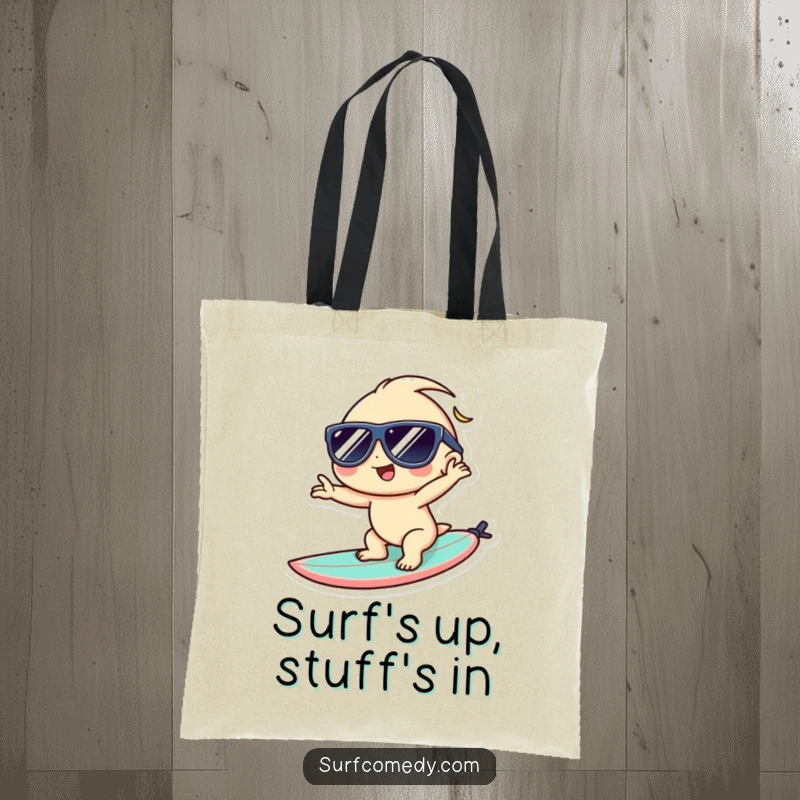 Funny Kawaii tote bag showing a character in sunglasses posing coolly on a surfboard, ready for sun and surf.